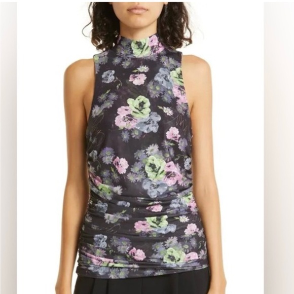 Cinq à Sept Midnight Bloom Black with Floral Print Sleeveless Shirt, Sz Small - Picture 1 of 4